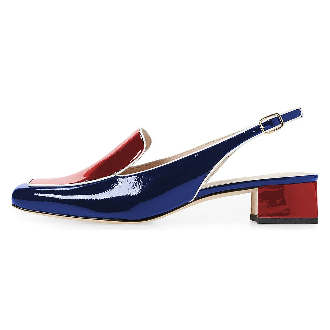 Navy & Red Patent Leather Chunky Heel Slingback Loafer Shoes Women