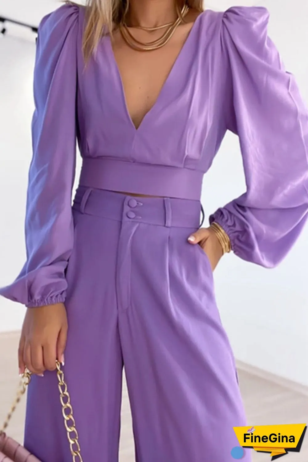 Work Elegant Solid Buttons V Neck Long Sleeve Two Pieces