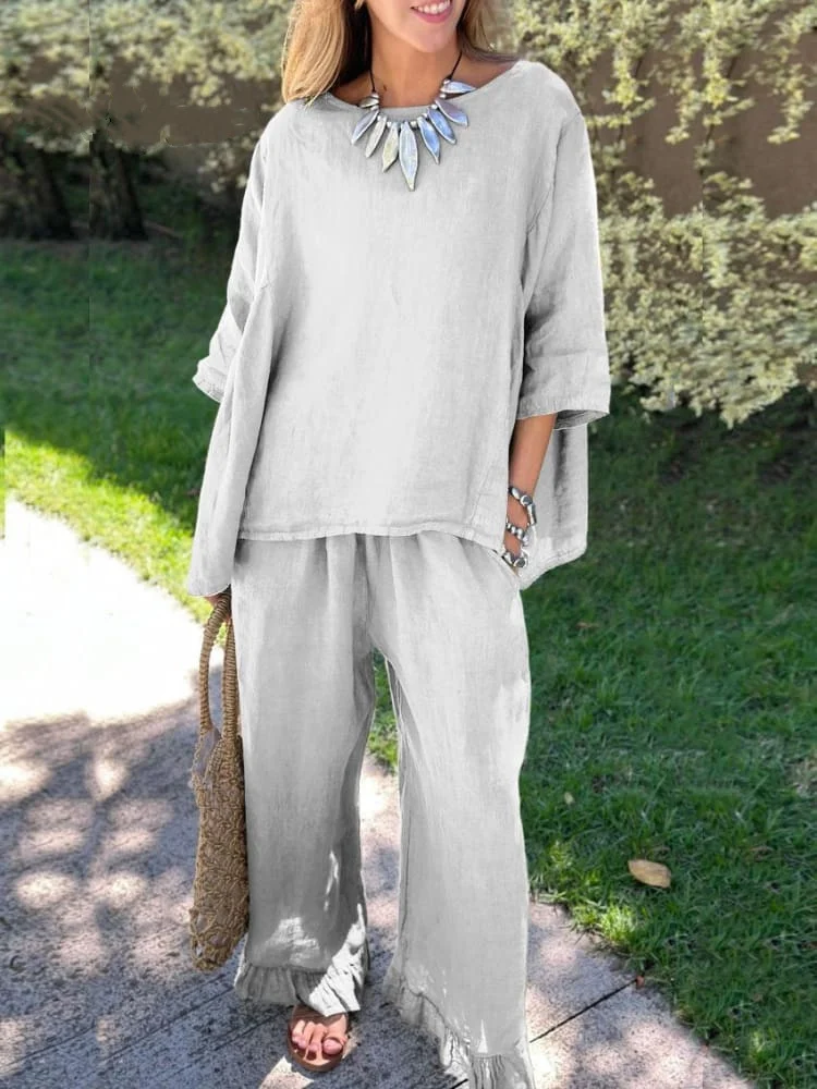 Women's 2024 Casual 2Piece Set Crew Neck Mid Sleeve Casual Top and Wide Leg Pant Cotton Linen