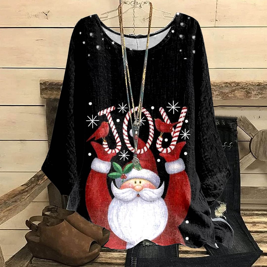 Christmas New Cotton Linen Print Hanging Loose Retro Top