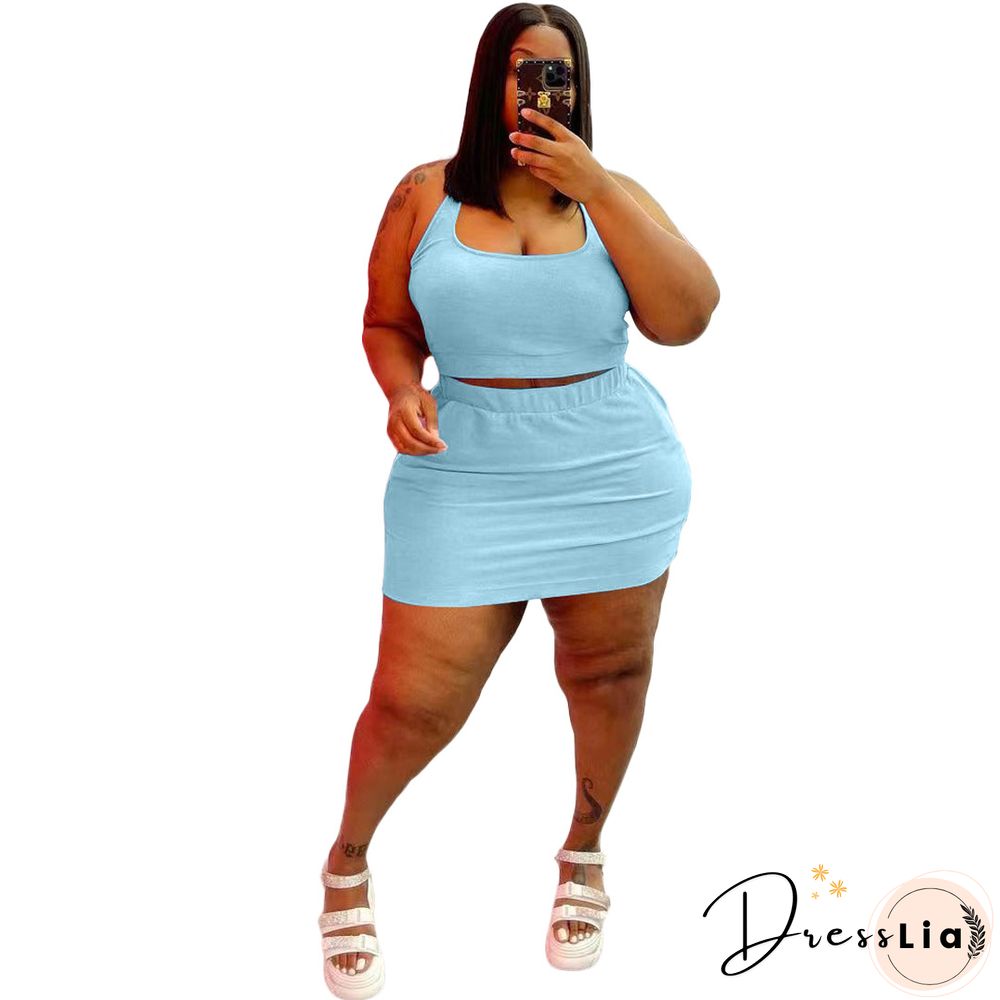 Plus Size Summer Solid Women Square Neck Sleeveless Crop Top+Elastic Waist Mini Skirt 2 Piece Set