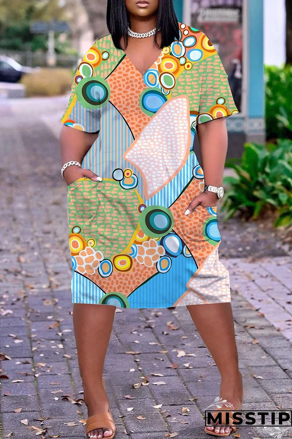 Black Orange Casual Print Basic V Neck Short Sleeve Dress