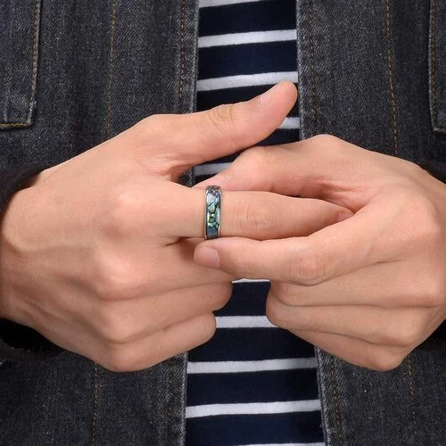 6MM 8MM Women Men Tungsten Domed Silver Rings Multi Color Rainbow Abalone Shell Inlay
