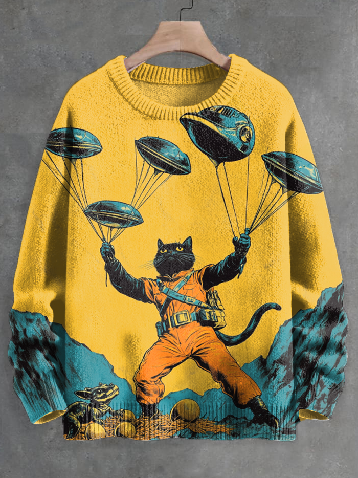 Men's Black Cat Explorer Plays Acrobatics Print Knit Sweatshirt