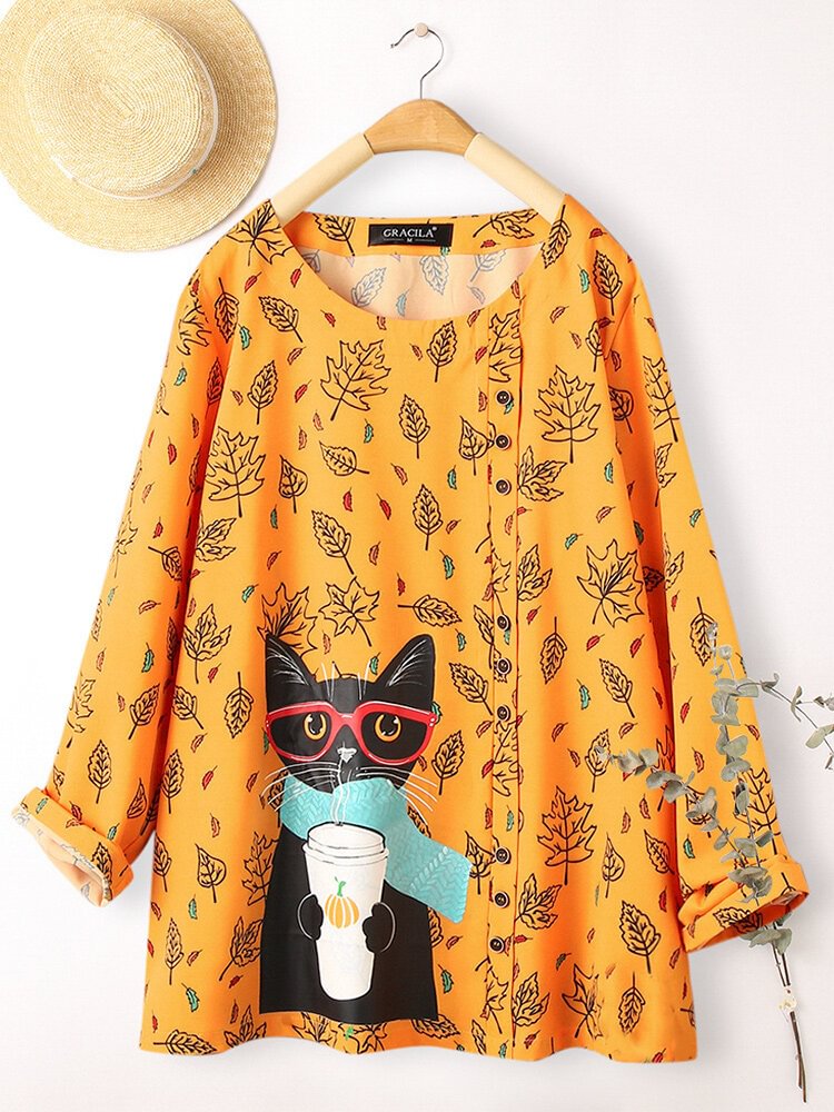 Cartoon Cat Printed Long Sleeve Button Blouse For Women P1770294