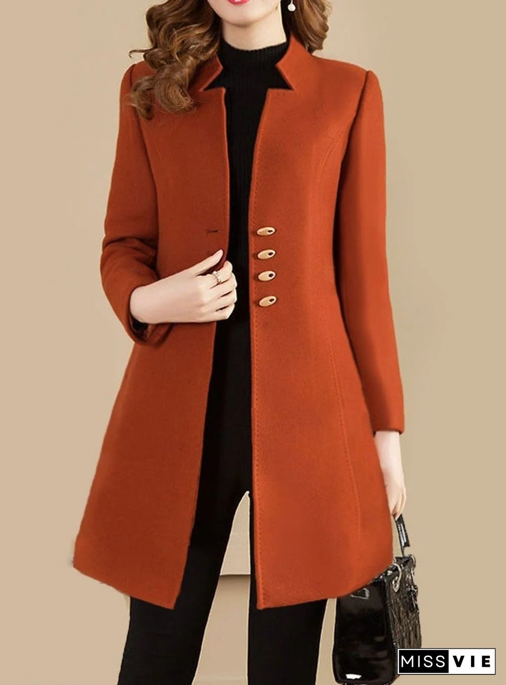 Collarless Autumn And Winter Mid Length Coat