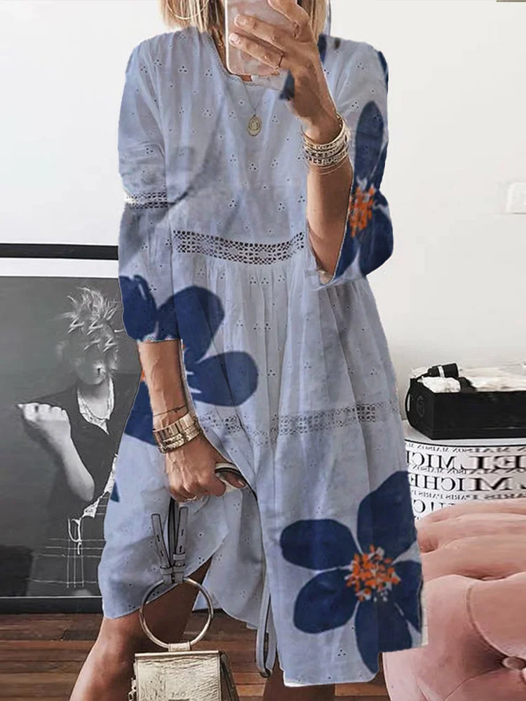 Women Blue Short Sleeve Floral Print Lace Decor  Dress socialshop