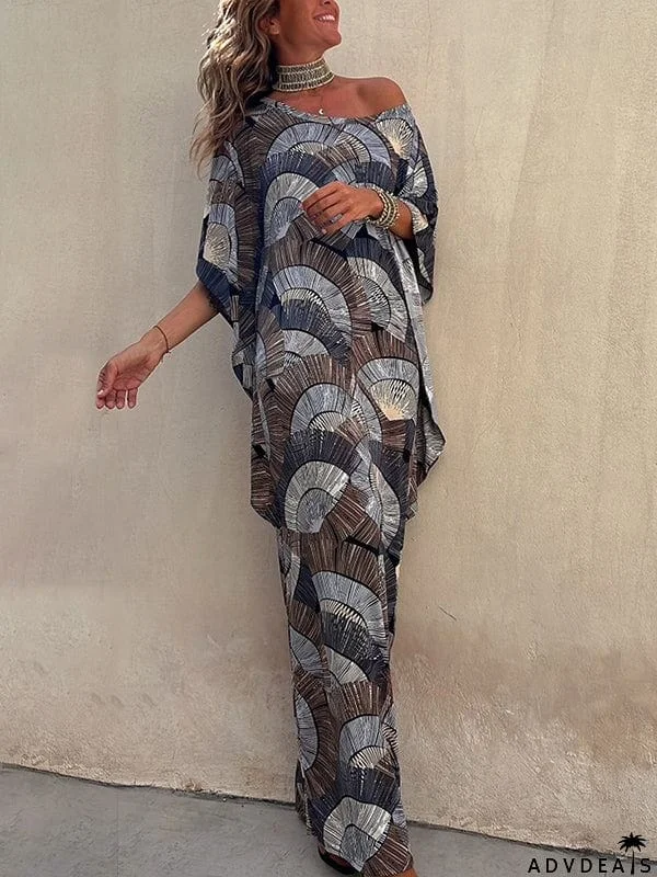 Batwing Sleeves Contrast Color Pleated Printed Maxi Dresses