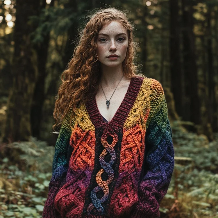 Vintage Rainbow Gradient Celtic Jacquard Chunky V-neck Aran Sweater