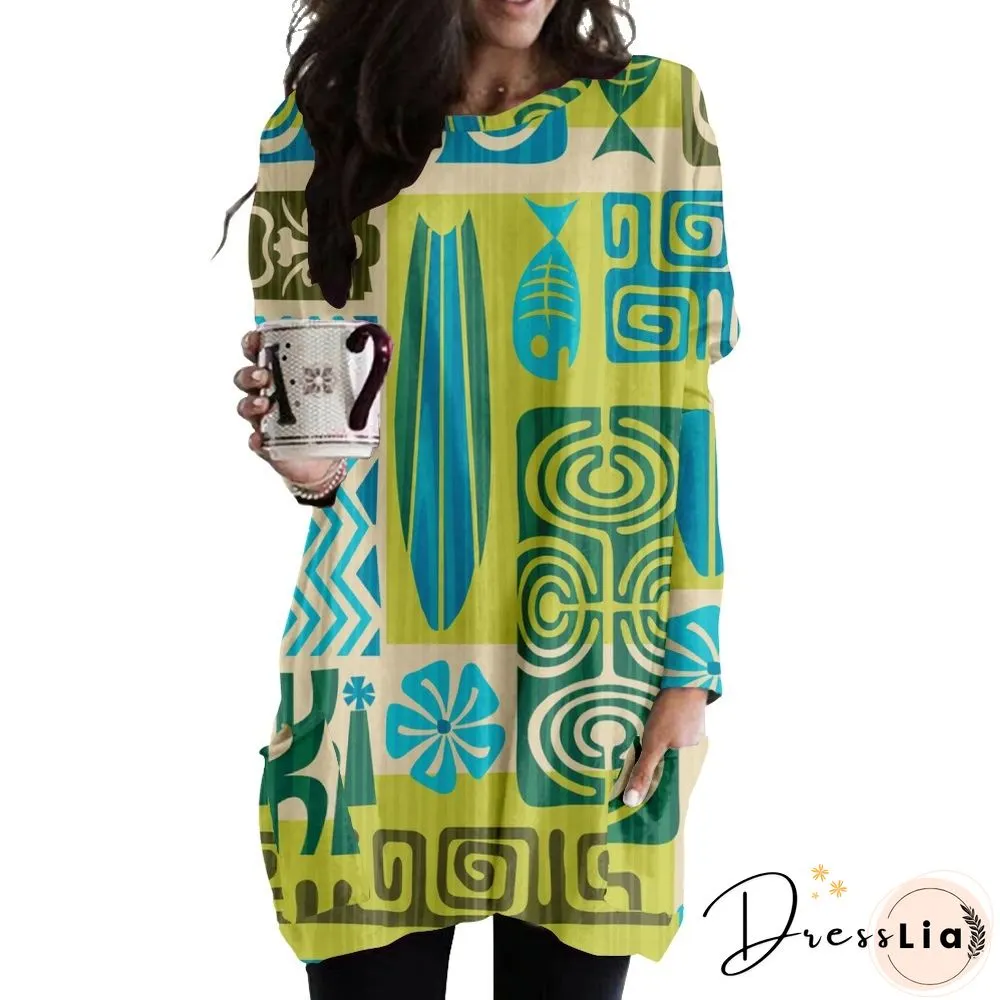 Round Neck Casual Fashion Medium Length Loose Dress 3D Printing
