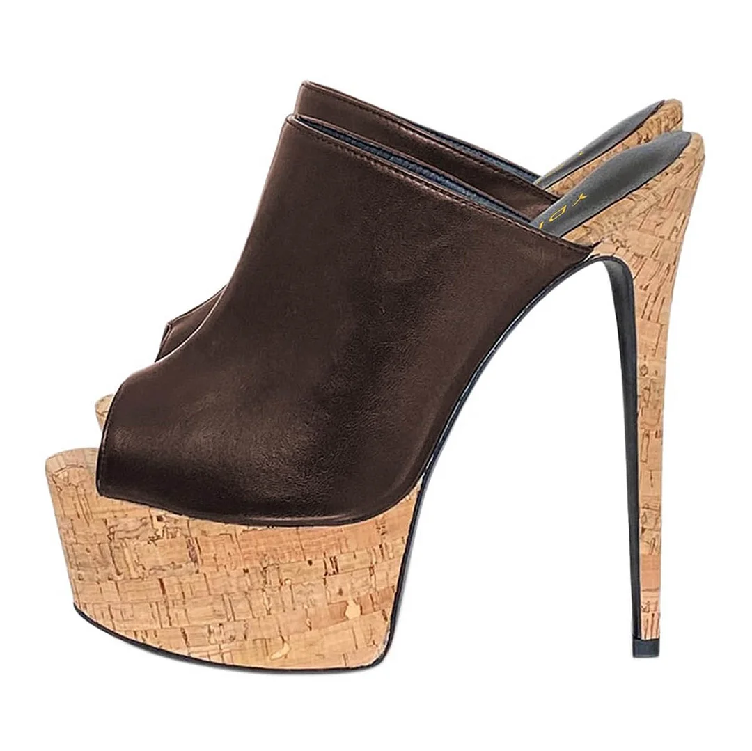 Brown Peep Toe Stiletto Heel Platform Slip On Mule Shoes for Women