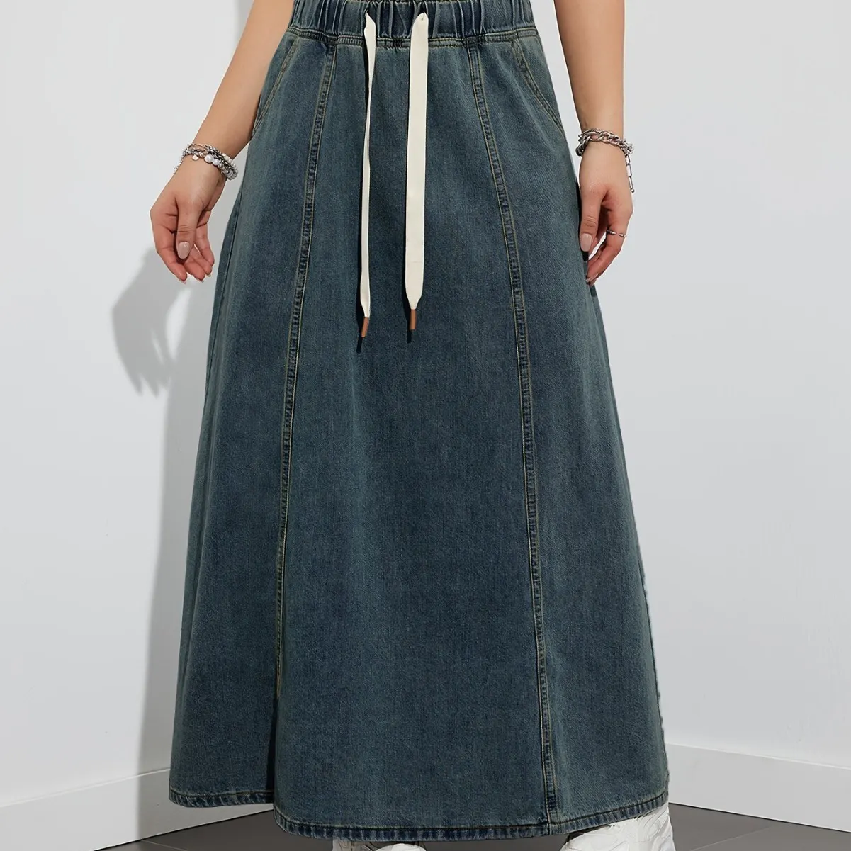 Women Elastic Waist Denim Maxi Skirt