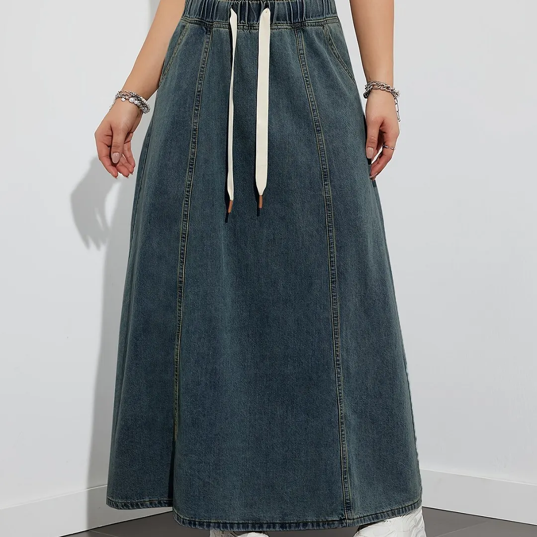 Women Elastic Waist Denim Maxi Skirt