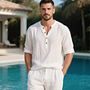 Men's Casual Linen Holiday Henley Long Sleeves Shirt White by Inlyline
