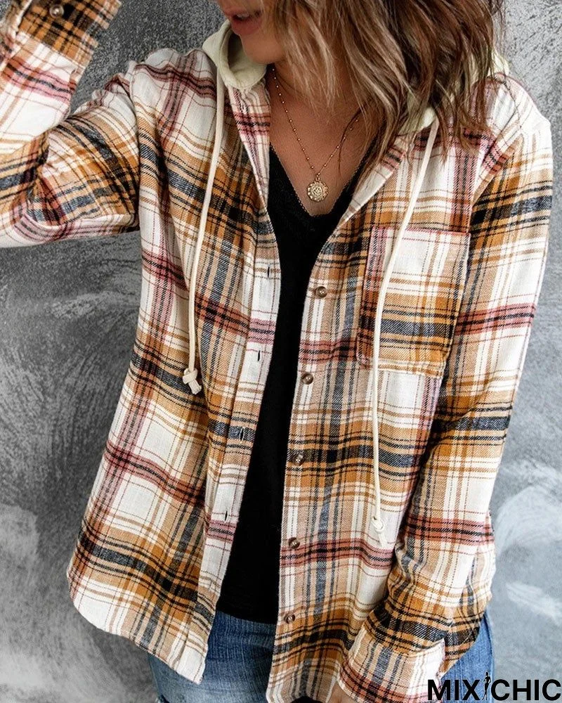 Plaid Print Button Down Hooded Shacket