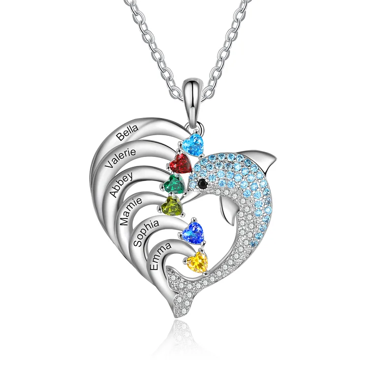 6 Names-Personalized Heart Dolphin Necklace With 6 Birthstones Engraved Names Gift For Her