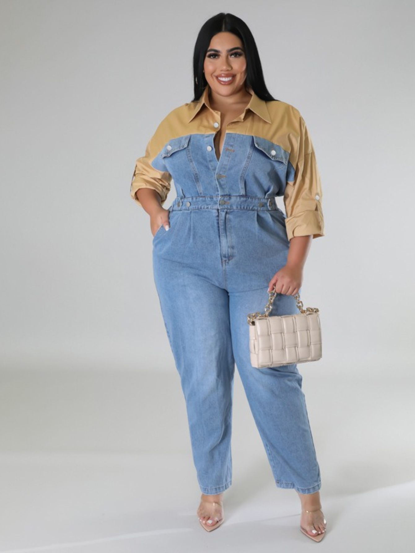Women's Plus Size Two-Tone Denim Romper - Wide-Leg Jumpsuit with Collar & Elastic Waist, Blue/Dark Brown Overalls Style, -Season Casual to Semi-Formal Outfit (Hand Washable) Jeans Dress, Plus Size Jumpsuit For Women, Jumpsuits For Women | IFYHOME