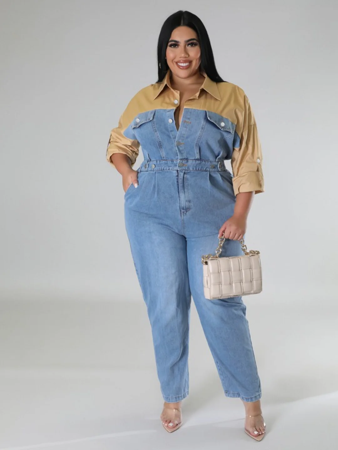 Women's Plus Size Two-Tone Denim Romper - Wide-Leg Jumpsuit with Collar & Elastic Waist, Blue/Dark Brown Overalls Style, -Season Casual to Semi-Formal Outfit (Hand Washable) Jeans Dress, Plus Size Jumpsuit For Women, Jumpsuits For Women | IFYHOME