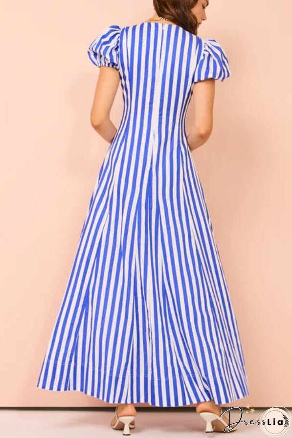 Indulge in Timeless Striped Print Puff Sleeve Pocketed Wavy Maxi Dress