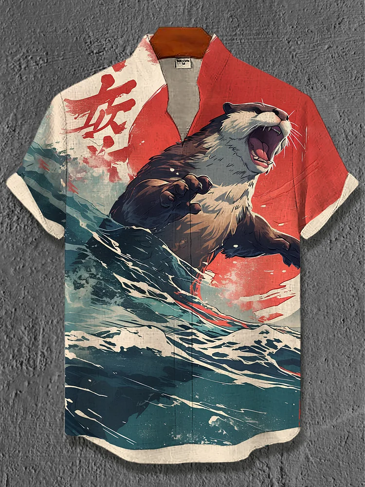 Men's Roaring Otter Japanese Art Print Short Sleeve Shirt
