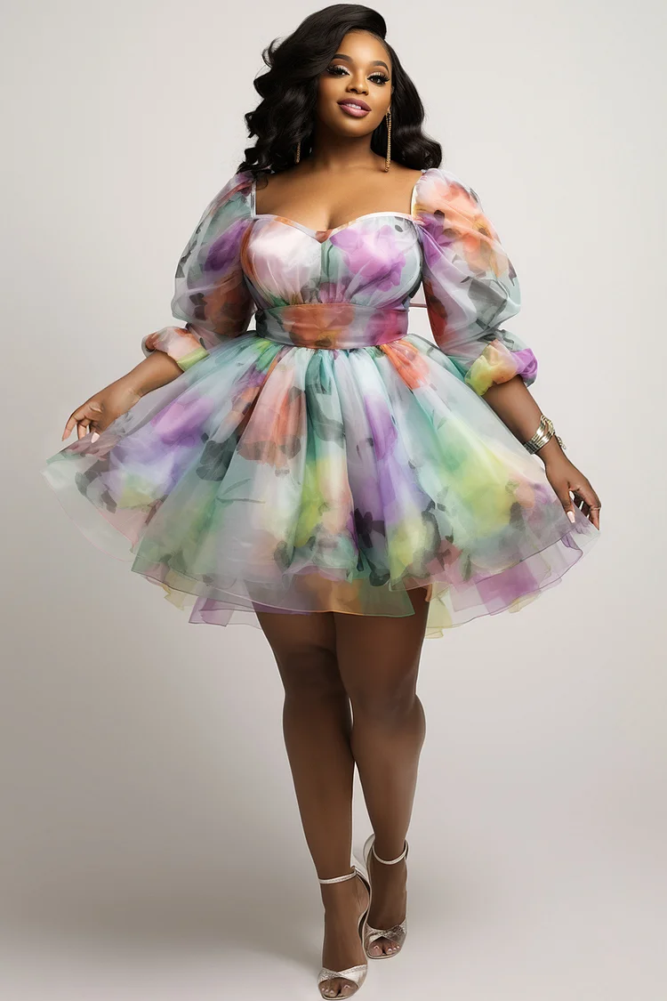 Xpluswear Design Plus Size Prom Multicolor Milkmaid Floral Square Neck 3/4 Sleeve Organza Mini Dresses [Pre-Order]