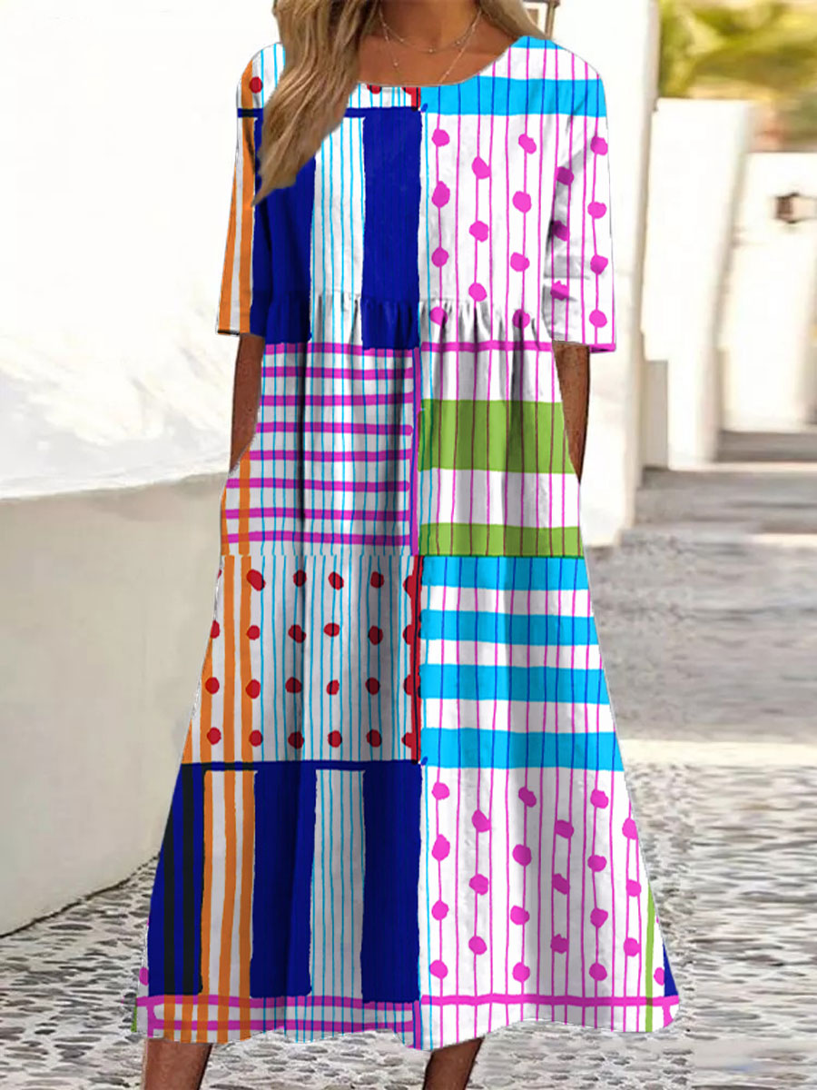 Women's Colorful Stripes Dots Art Print Pocket Cotton Dress
