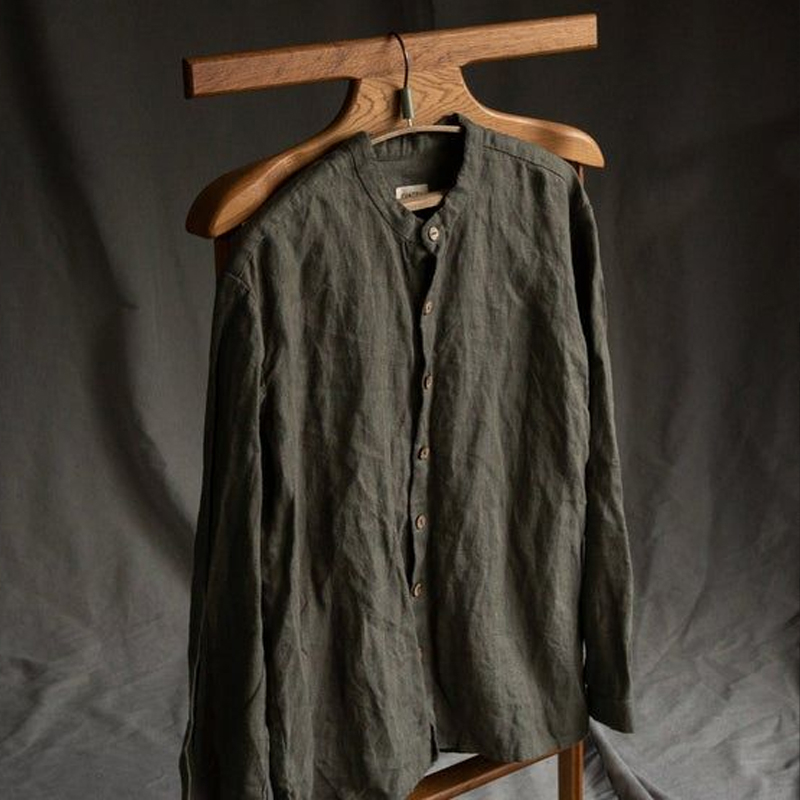 Men's Washed Olive Green Cotton And Linen Long-Sleeved Shirt
