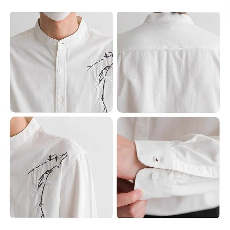 Men's Cotton Shirt with Mandarin Collar and Embroidered Long Sleeve