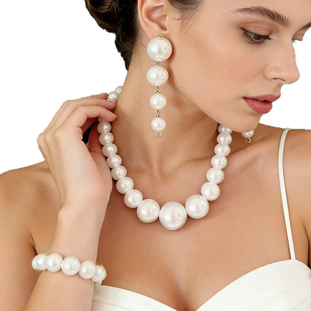 3pcs/set Elegant Imitation Pearl  Necklace Earrings And Bracelet Party Jewelry Set elevenforest