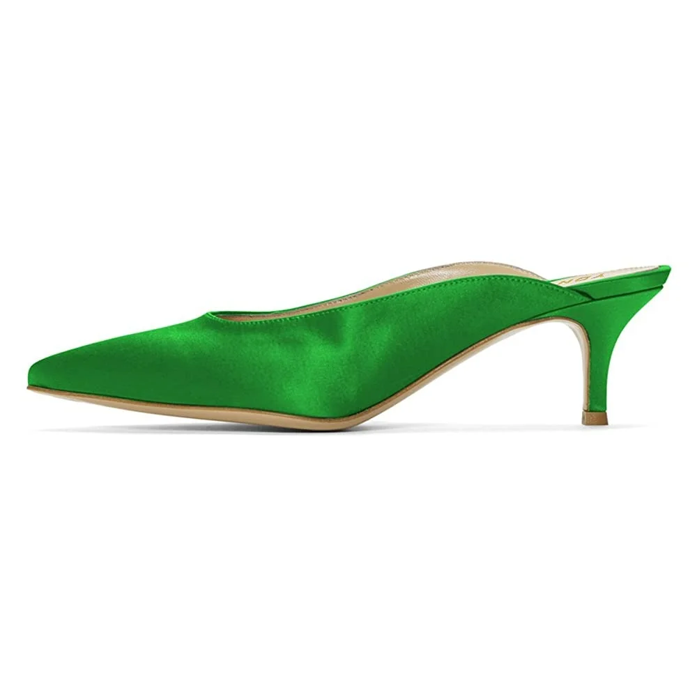 Green Satin Pointed Toe Women's Mules Shoes with Kitten Heels