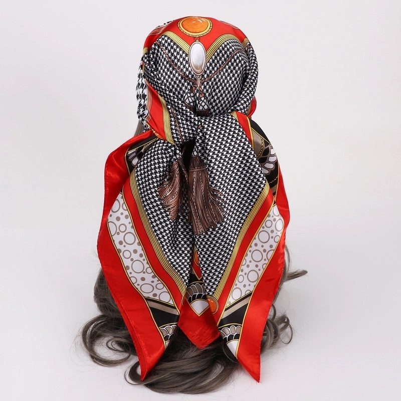 Women’s Vacation Plaid Satin Printing Silk Scarf