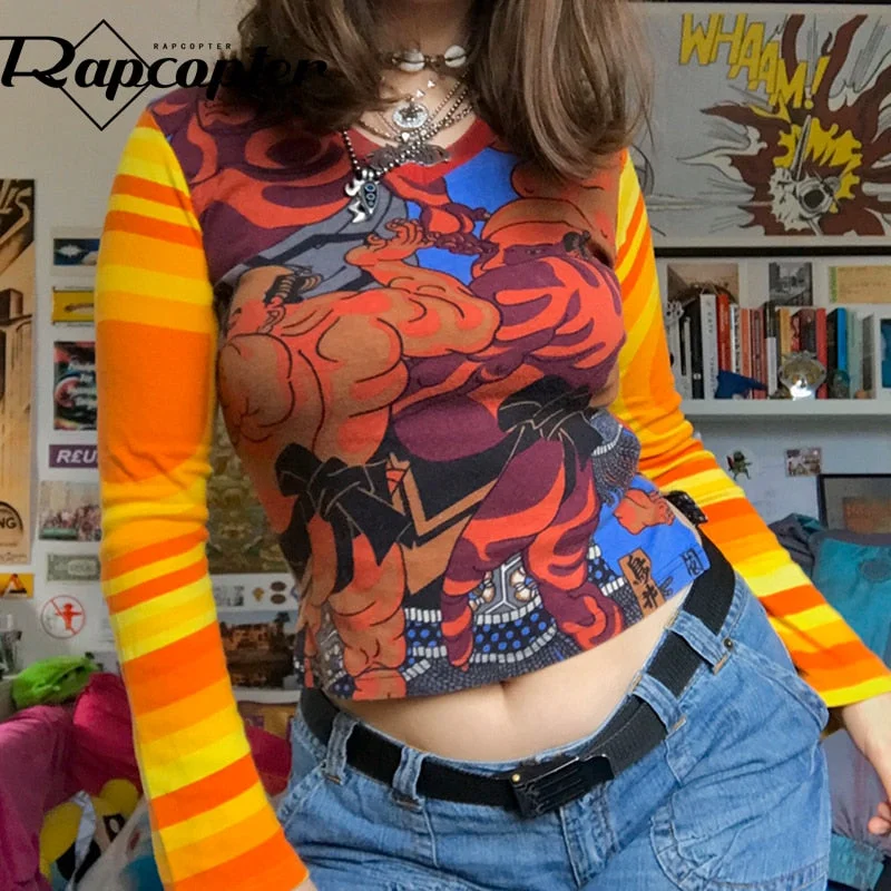 Rapcopter Printed y2k Crop Top Cute Long Sleeve T Shirt V Neck Slim Basic Casual Pullovers Women Retro Harajuku Tee Tops Autumn