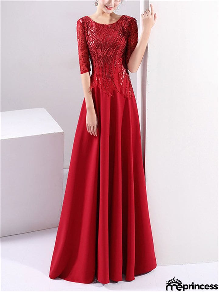 Shiny Round Neck Short Sleeve A-Lined Gown Dress for Evening