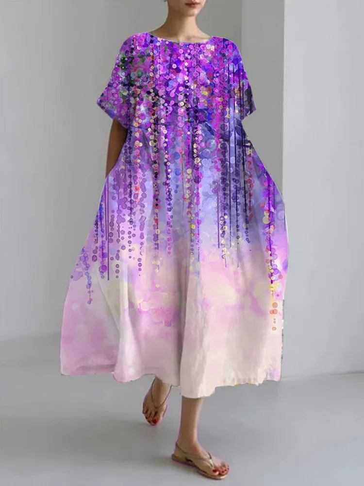 Women's Cotton And Linen Pink Floral Print Casual Short Sleeve Dress