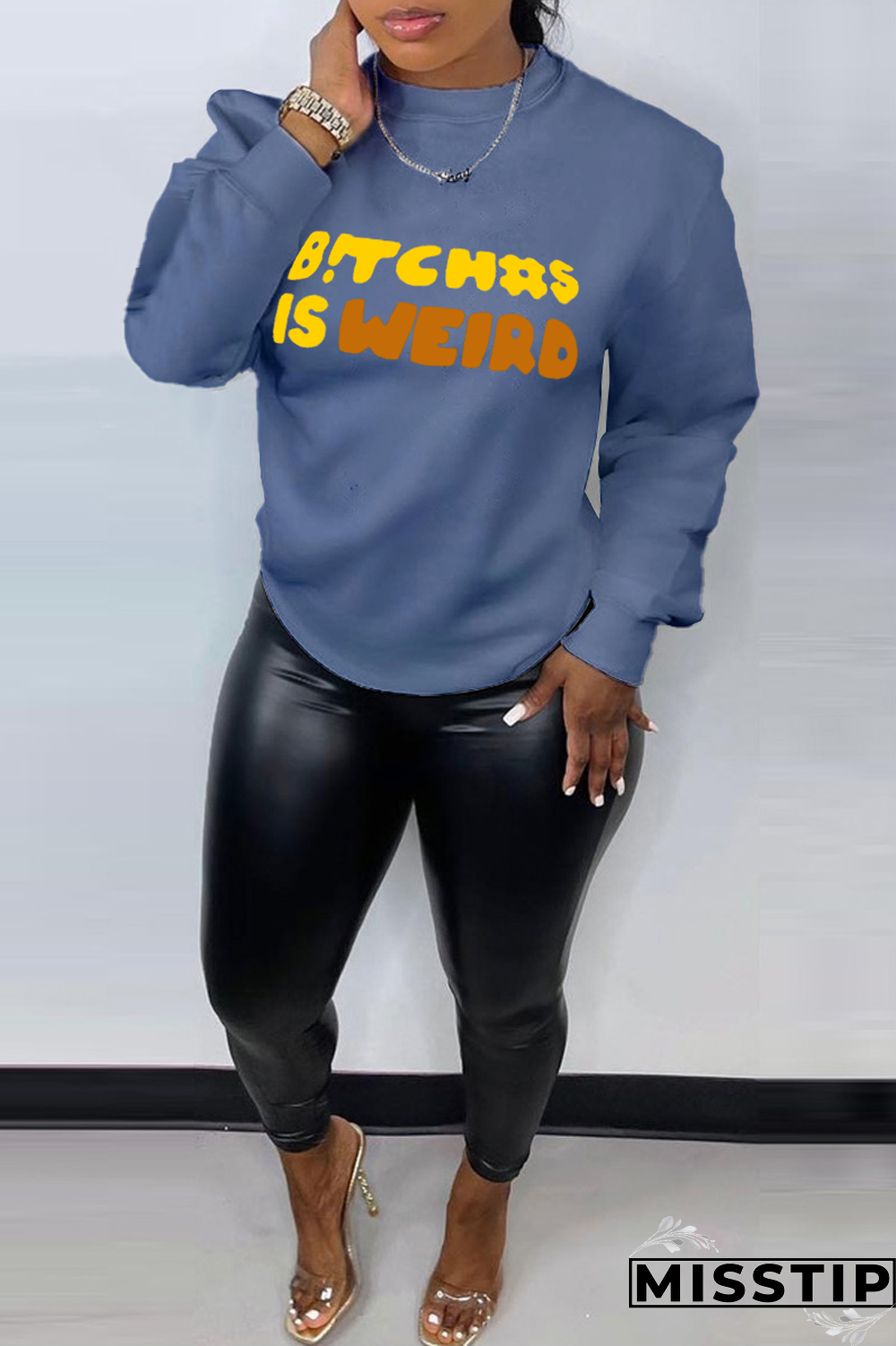 Blue Casual Basis Print Letter O Neck Tops