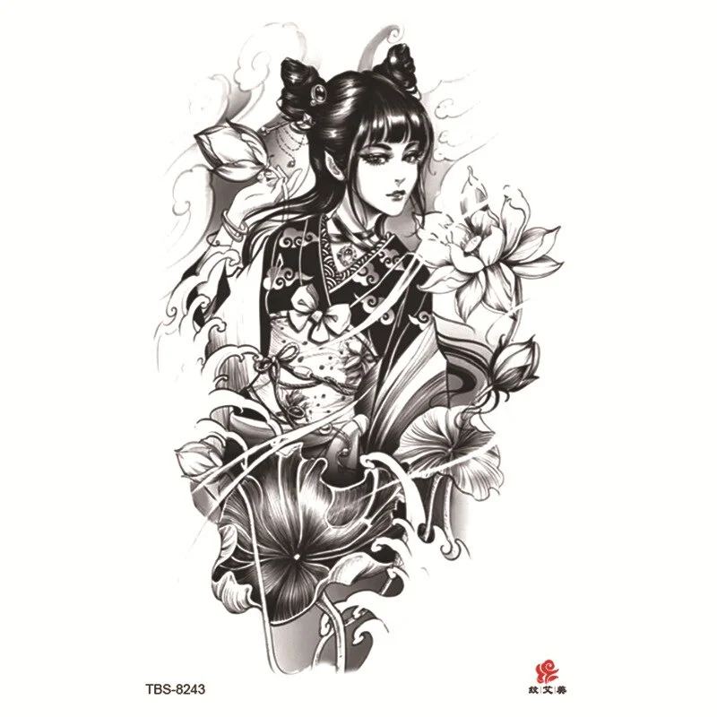 Sdrawing Temporary Tattoo Sticker Dark Snake Tattoos Flower Tatoos Body Art Geisha Water Transfer Clavicle Arm Fake Tatto