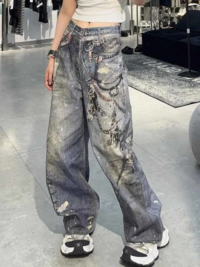 Smartcraftluck cargo pants outfits women American Heavy Industry 3D Chain Printed Straight Jeans Women Retro Washed Loose Fashion Street Casual High Waist Straight Jeans Pants