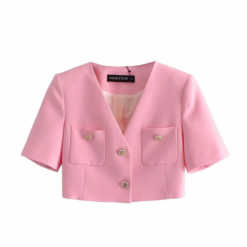 Women's Blazers Suit Pink Set Cropped Tops Female Sweet Short Sleeves Pockets Solid Jackets Summer Za Single-Breasted Outfit TRF