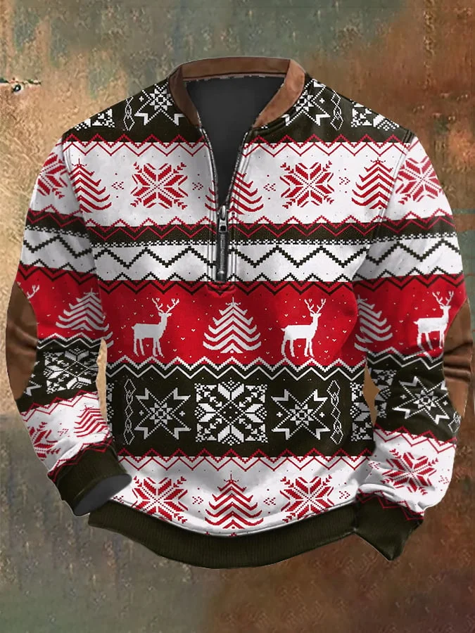 Men's Retro Christmas Print Zip Collar Sweatshirt
