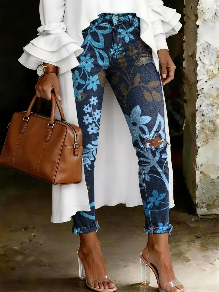 Women's Fashion Casual Multicolor Flowers Art Print Ripped Skinny Jeans