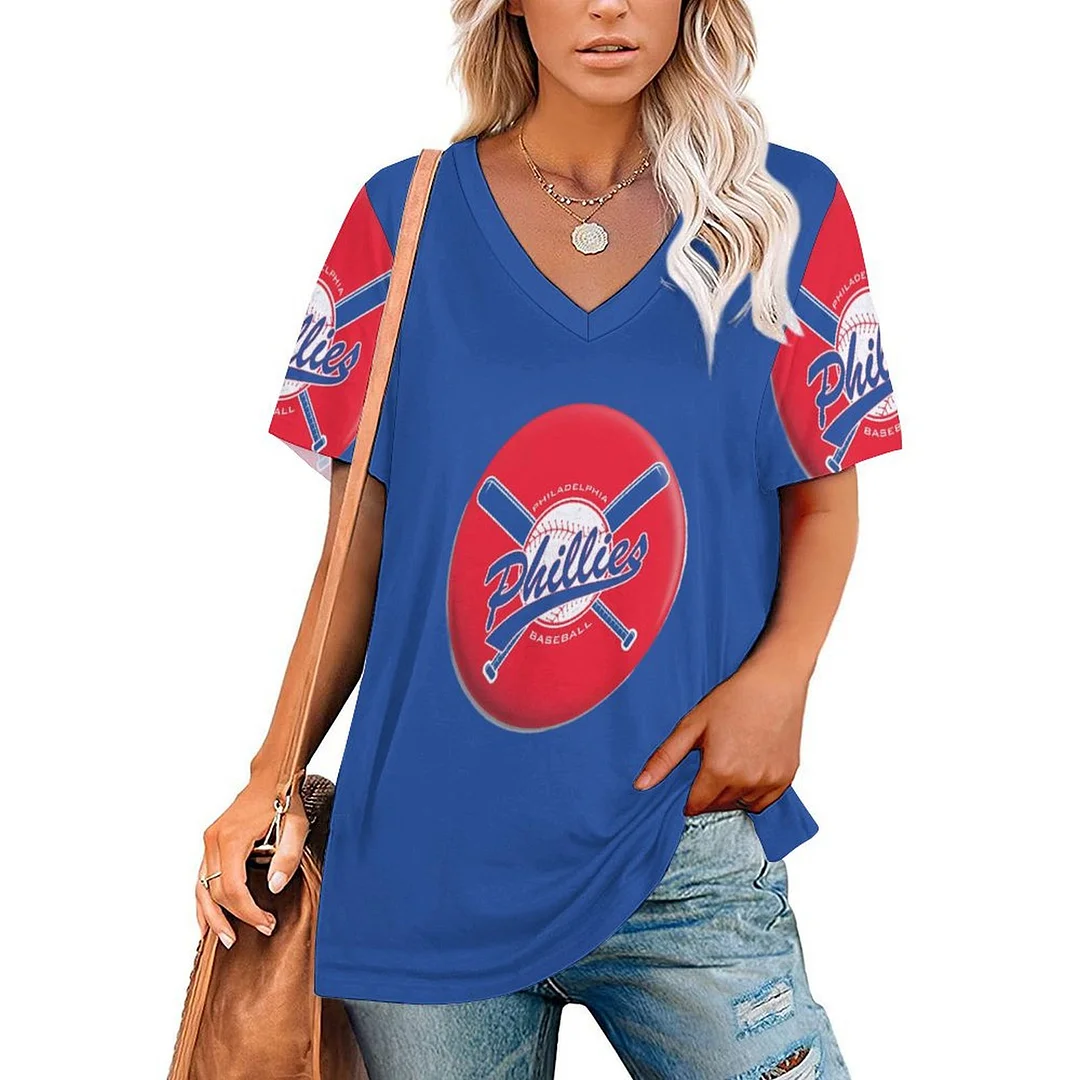 V-neck Short Sleeve Casual T-shirt for  Women Printed with Pattern Philadelphia Phillies, Blue, Red
