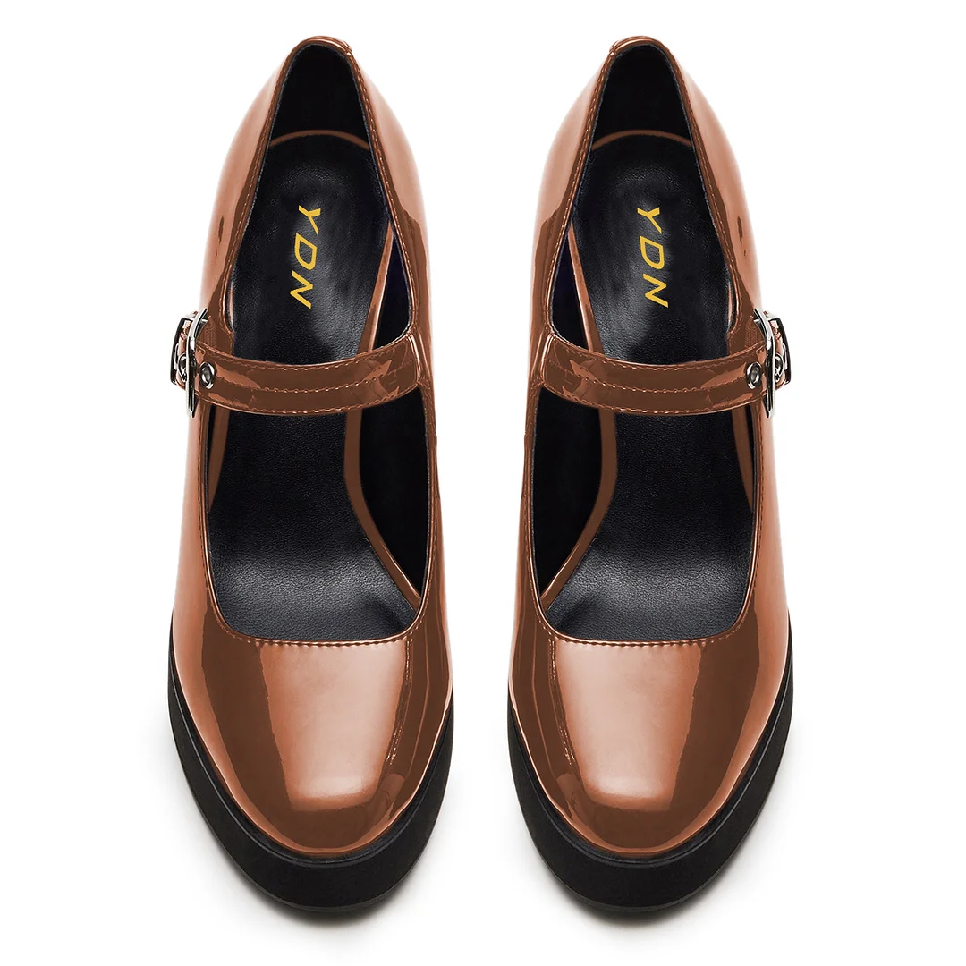 Brown Patent Leather Round Toe Buckle Fastening Strap Mary Janes