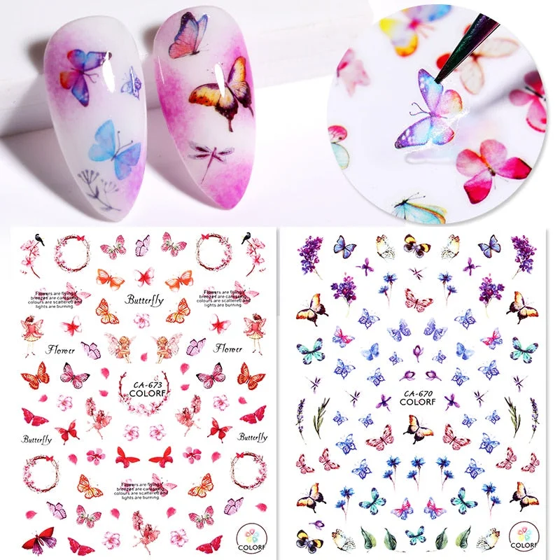 Butterfly Geometric Design 3D Nail Sticker Fruit Transfer Decals Adhensive Slider Wraps Decoration Nail Art DIY Accessories