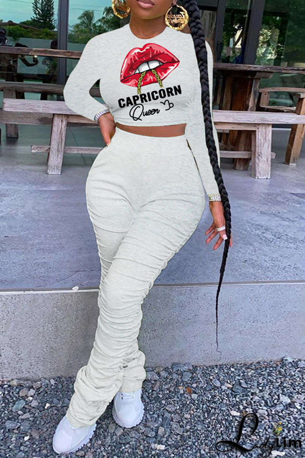 Green Fashion Lips Printed Patchwork O Neck Long Sleeve Two Pieces