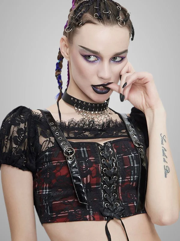 Dark Gothic Style Vintage Lace Up Cutout Checkered Mesh Crop Top