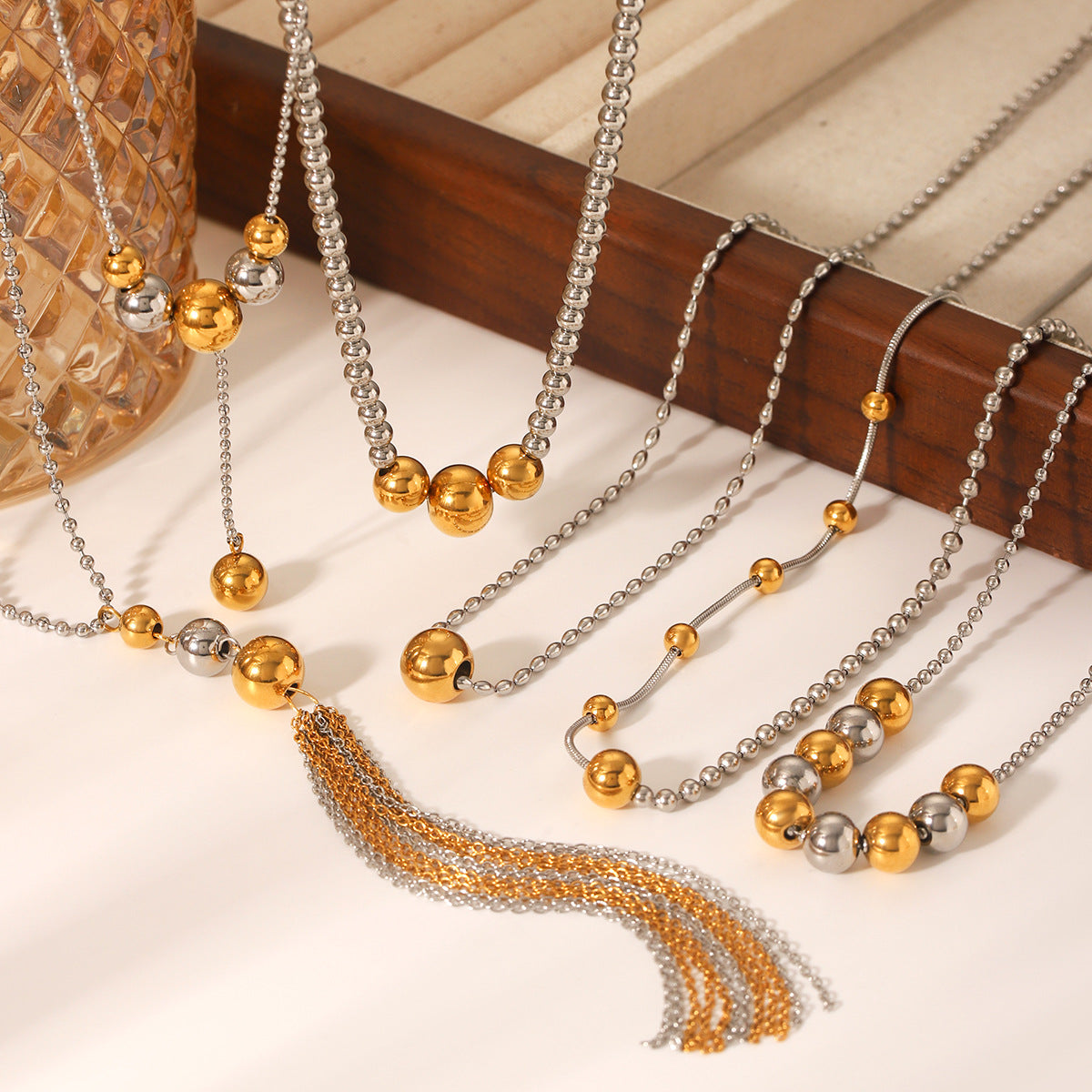 Color Matching Round Bead Necklace Tassel Y Chain 18K Gold Stainless Steel Clavicle Chain Titanium Steel Necklace