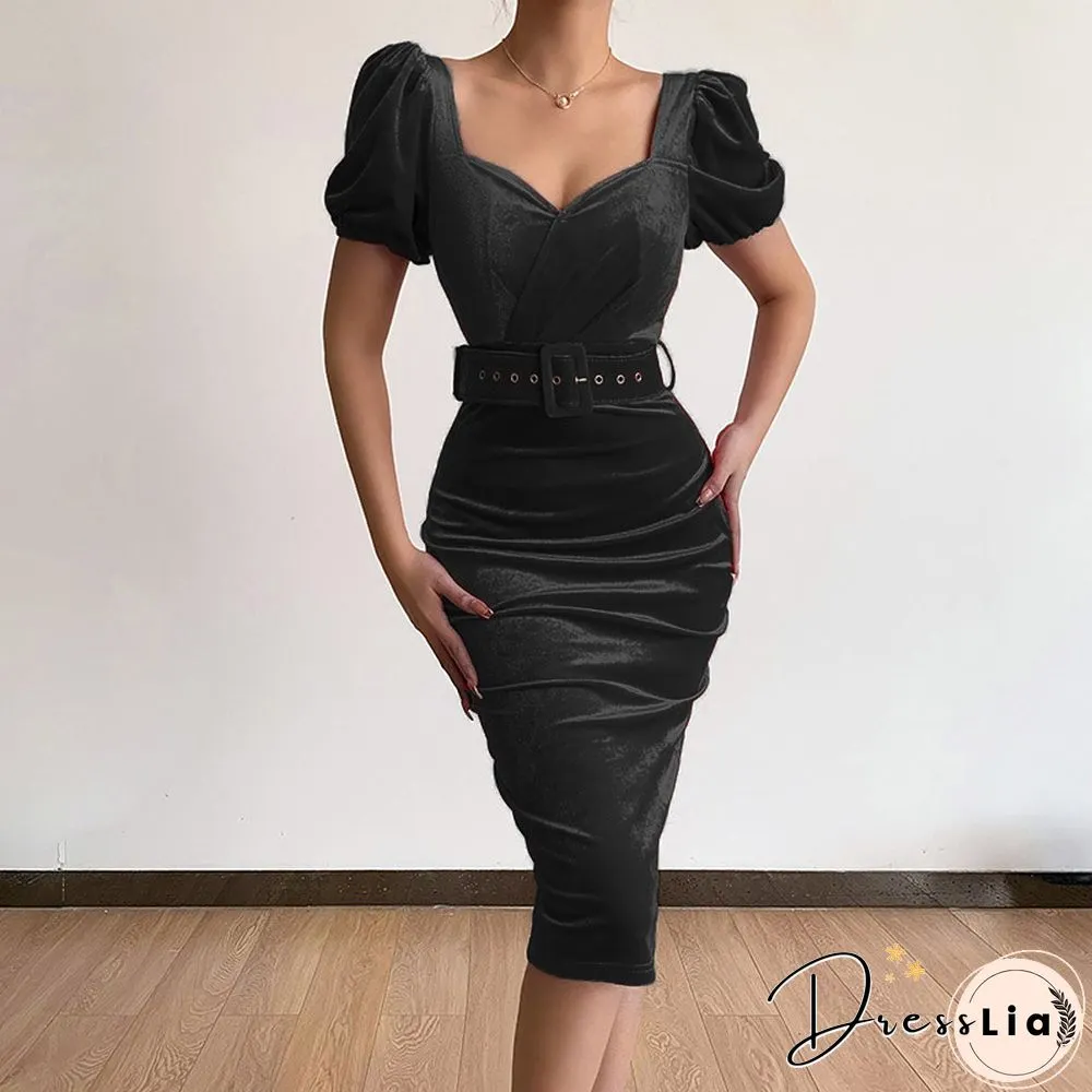 Elegant Bodycon Low-Cut V-Neck Puff Sleeve Midi Dress Women Autumn Velvet Slim Party Dress Fashion Folds Solid Dresses Vestidos
