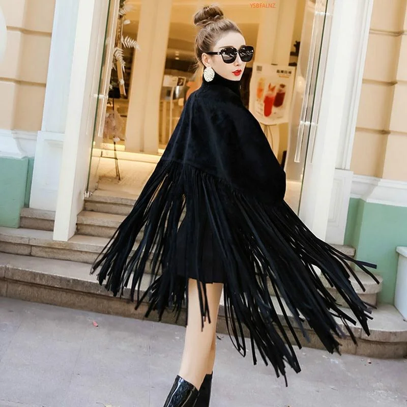 2021 New Spring Autumn Black Jacket Women Loose Tassels Turtleneck Long Sleeve Women Cape Coat Women Fashion Plus Size Ponchos