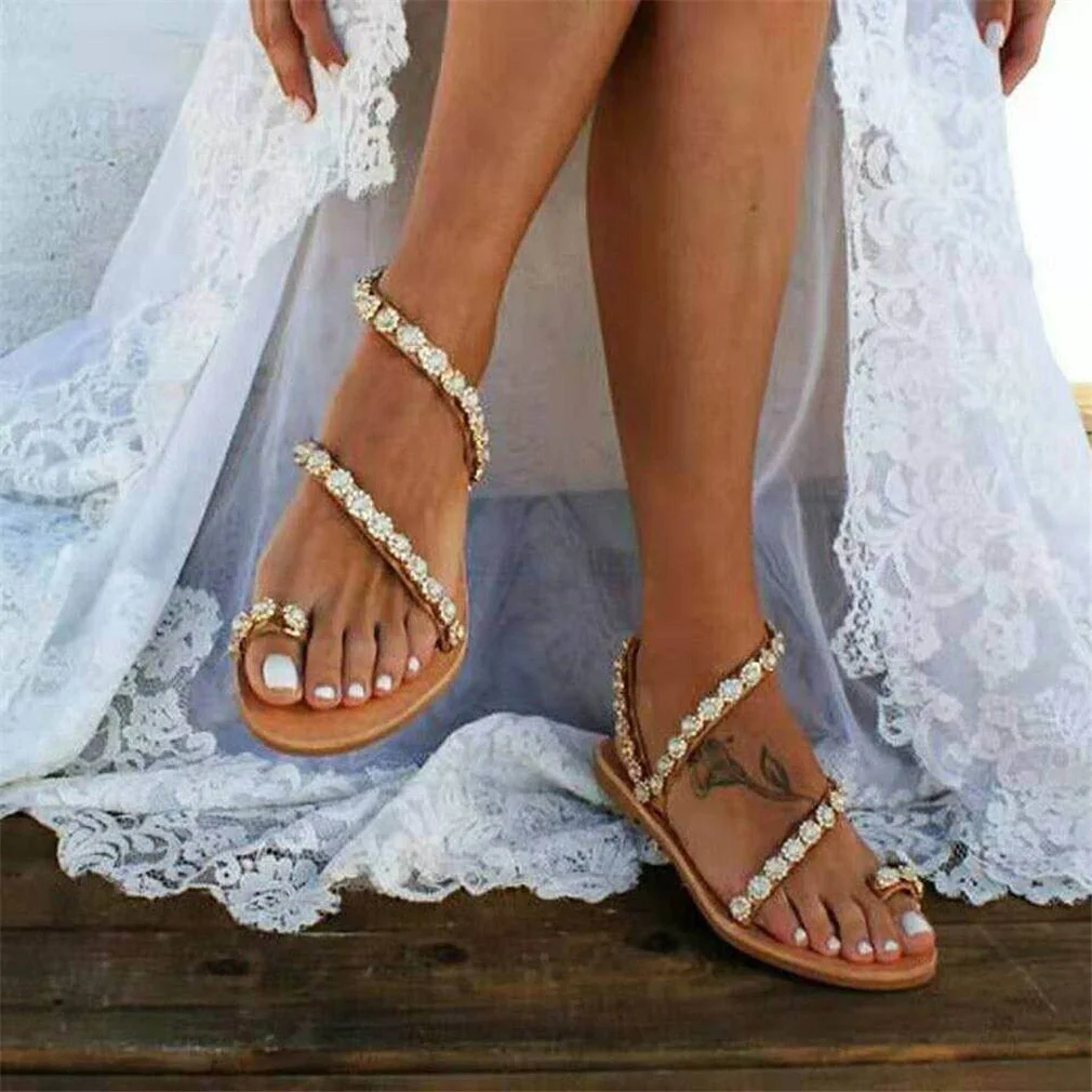 Women Sandals Summer Beach Slippers For Women Sandals Flip Flops Ladies Crystal Flat Pearl Flower Boho Casual Slippers Shoes