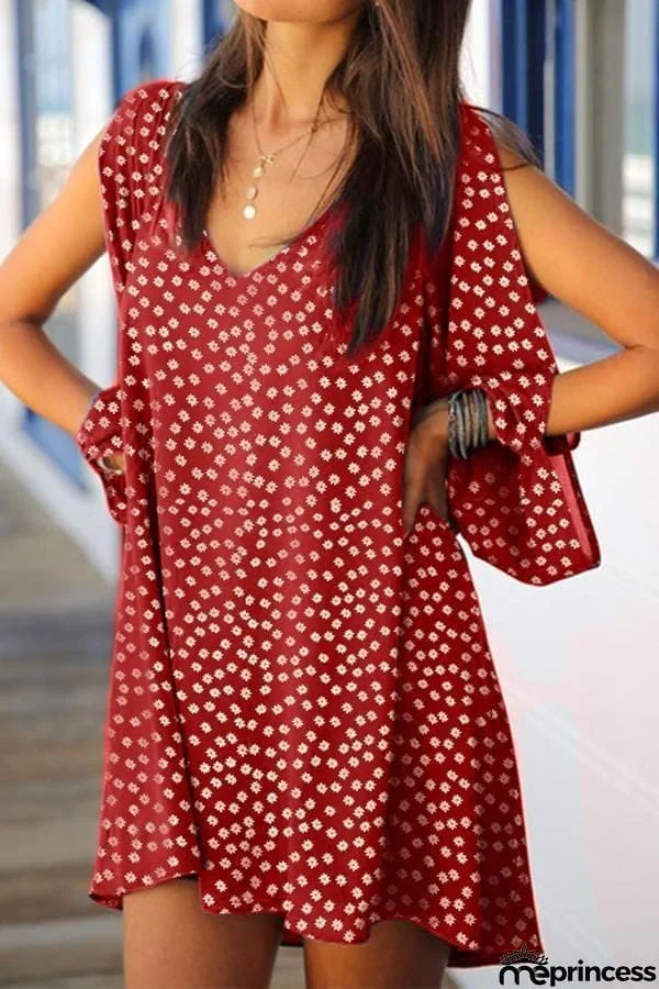 V-neck Open Shoulder Floral Mini Dress (6 Colors)